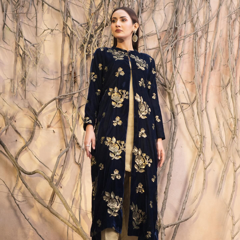 Velvet Gown with Dull Gold Sequins and Raw Silk Dress